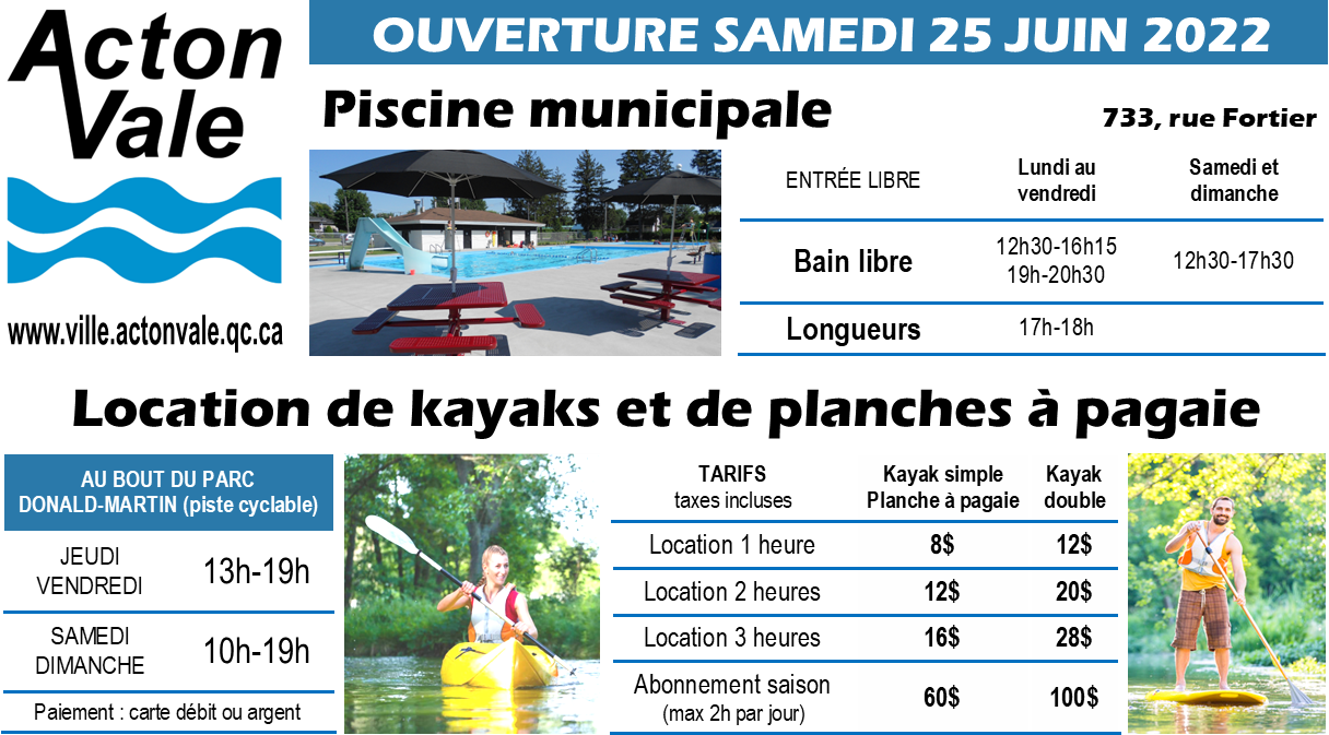 Kayak et Piscine municipale été 2022 Ville d'Acton Vale