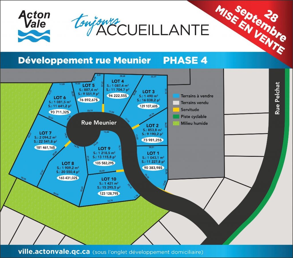 Mise en vente terrains sur Meunier Ville d'Acton Vale