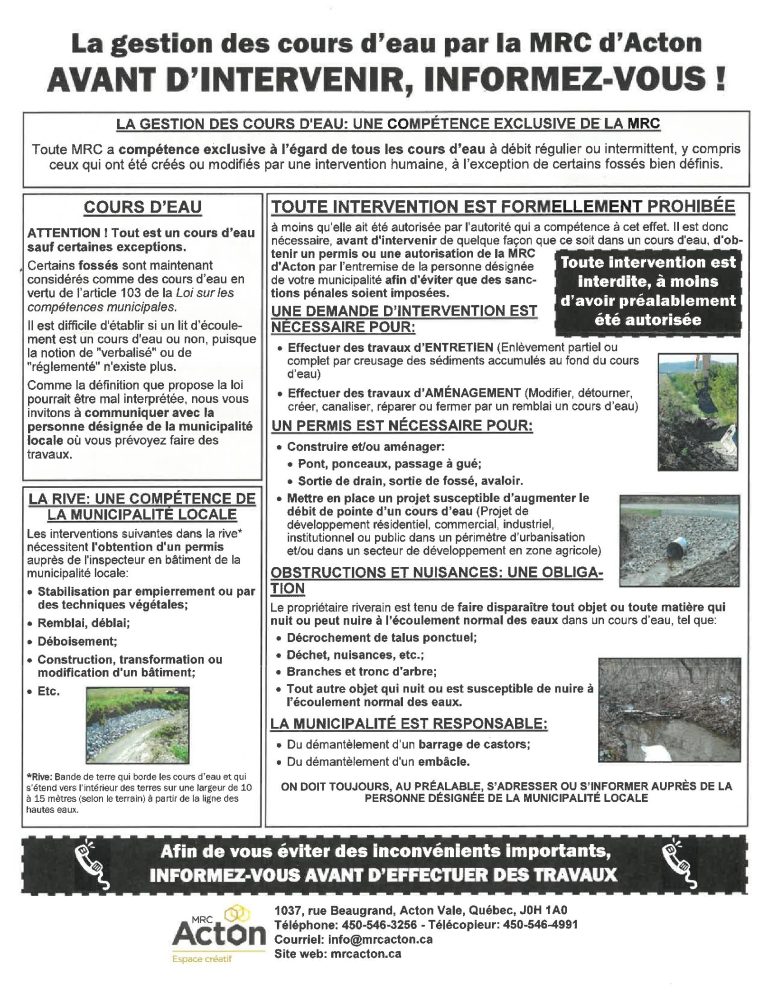 La gestion des cours d'eau une compétence exclusive de la MRC Ville d'Acton Vale